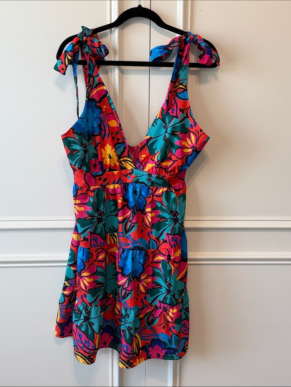 Cupshe Tropical Floral Tie-Shoulder Mini Dress in Teal, Pink, Blue & Yellow